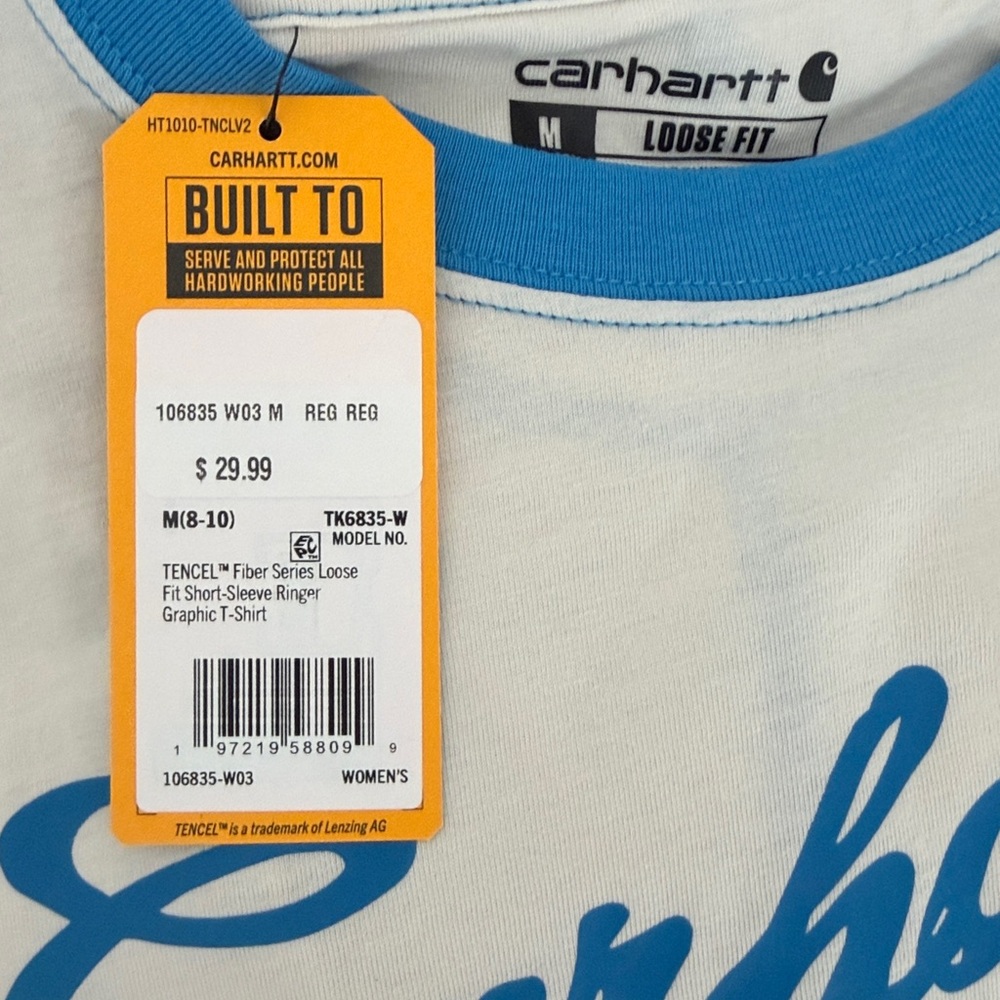 New!! Carhartt women's Cream and Blue Logo T-Shirt - Picture 9 of 12